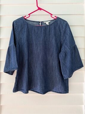 Caslon | Petite Large Chambray Bell Sleeve Top Blue Denim Blouse
